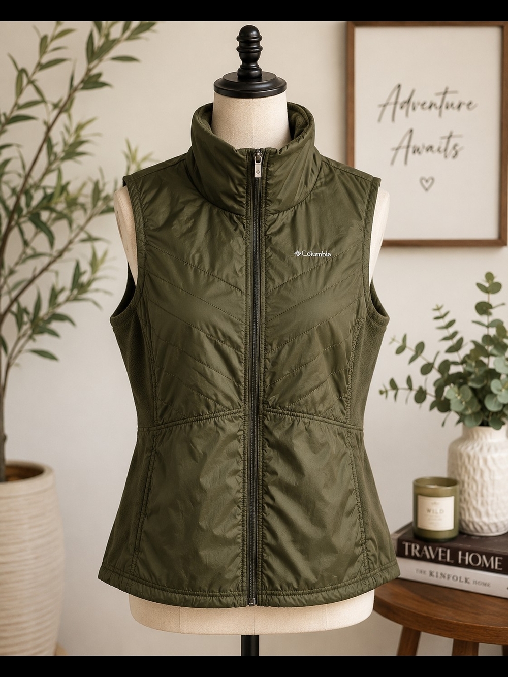 Columbia Olive Green Quilted Fleece Side Vest XL